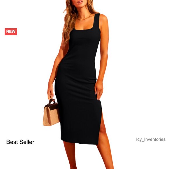 Ribbed Knit Midi Bodycon Dress Square Neck Side Slit Fitted Casual Summer -  www.rajagirimanappuram.com